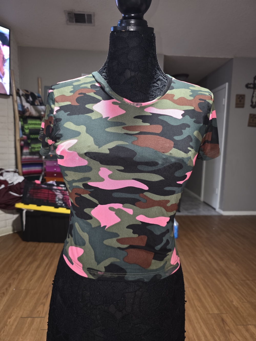 Pink & Green Camo Short Sleeve Crop Top